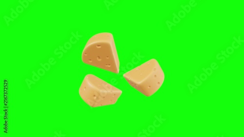 Floating cheese pieces 3D animated on green screen background.