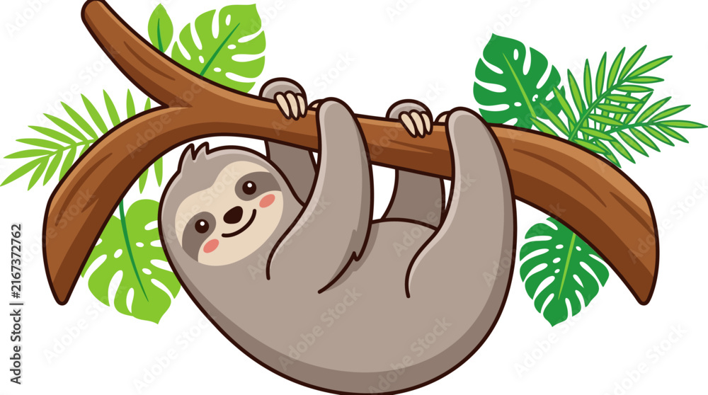 Naklejka premium Cute cartoon sloth hanging on a tree branch with green leaves illustration