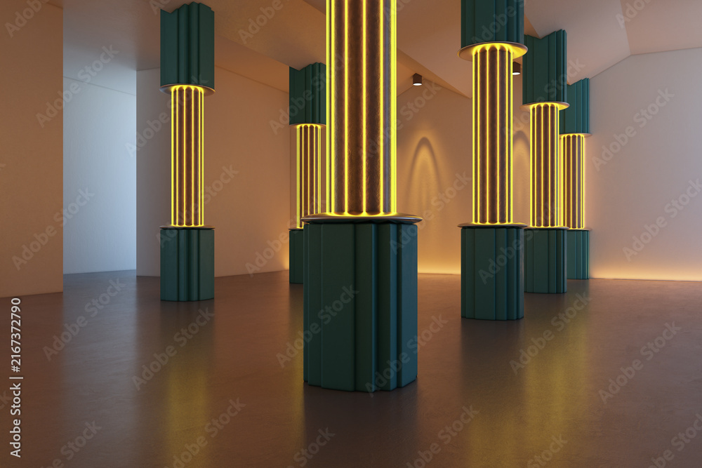 Fototapeta premium Modern neon columns installation in an empty contemporary interior, glowing architectural design with dramatic light and polished floor. 3D Rendering