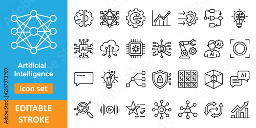 Artificial Intelligence Line Icon Set with Neural Network Concepts