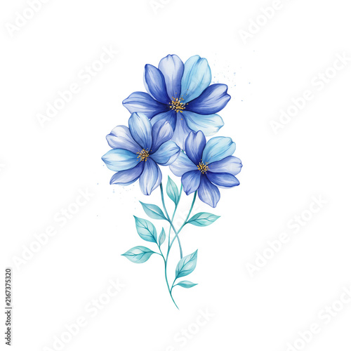 Three blue watercolor flowers with green leaves on a white background, isolated on a, transparent background