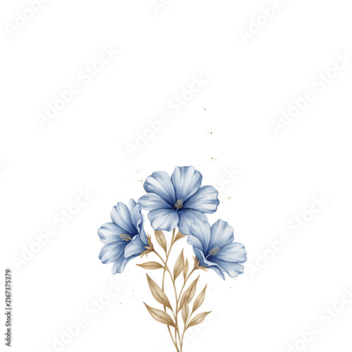 Three delicate blue flowers with golden leaves on a white background, isolated on a, transparent background