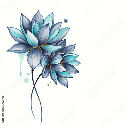 Two blooming lotus flowers in blue and teal watercolor style isolated on a transparent background