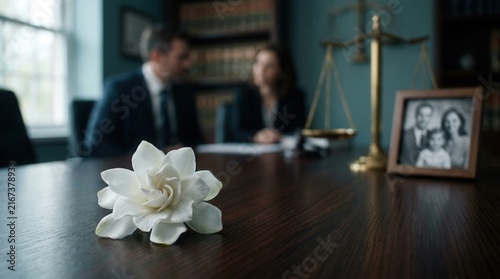 Family photo and scales of justice blurred in background with a white flower on wooden table, symbolizing legal grief and wrongful death accident claim.