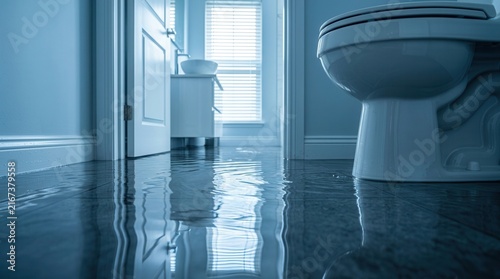 Emergency cleanup and leak mitigation in a flooded bathroom with toilet and sink after a plumbing failure.