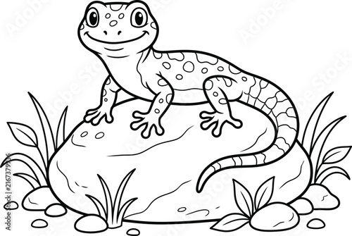 Cute cartoon leopard gecko sitting on a rock for a fun coloring page for children