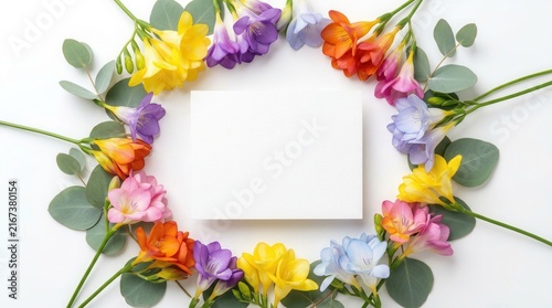 Colorful freesia flowers framing a blank white notecard in a spring greeting card mockup flatlay