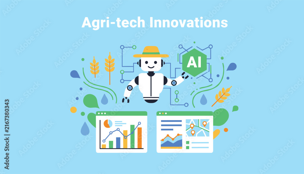 Fototapeta premium Advanced robot in a farming hat represents agricultural technology innovations and smart farming powered by artificial intelligence.