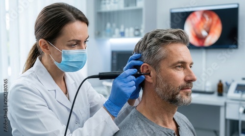 An audiologist performing professional ear wax removal with a microsuction device for a male patient at an ear nose and throat clinic.