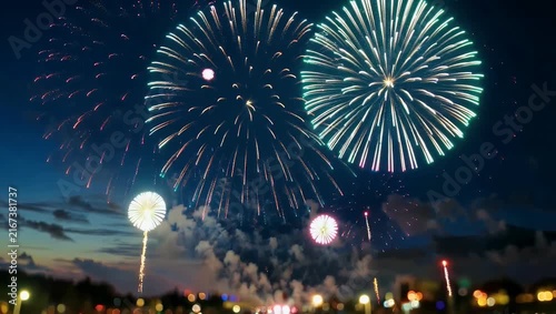 celebratory vivid 4K footage captures fireworks bursting across a dark night sky with soft bokeh glow delivering festive energy and visual spectacle perfect for events holiday promotions and
