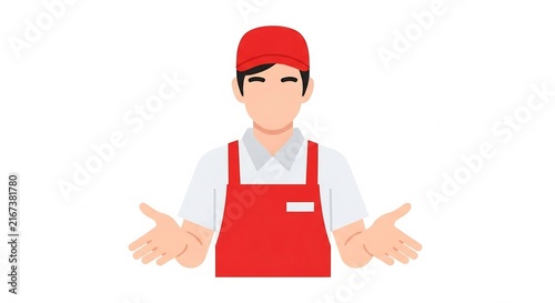Kurir pria mengenakan apron merah dengan tangan terbuka