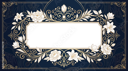 Photography Elegant floral frame with intricate gold line art on a dark blue background, vin