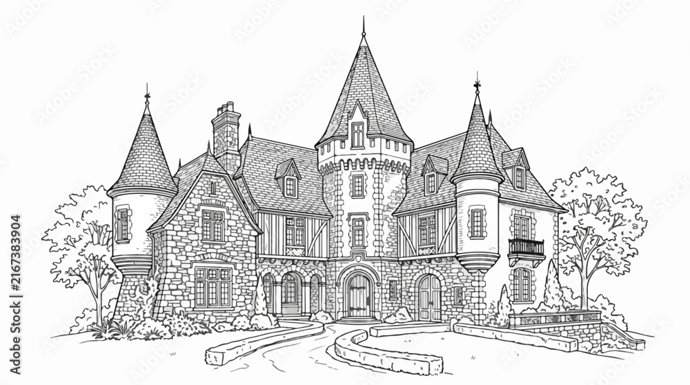 Obraz premium Intricate line art drawing of a French chateau manor house for coloring