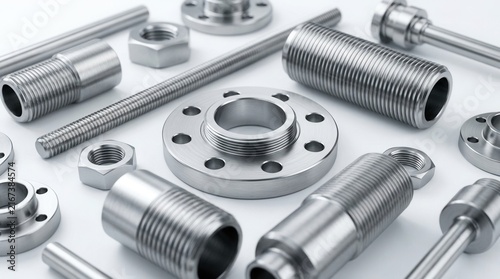 Industrial manufacturing and mechanical engineering focus featuring a collection of machined metal parts.