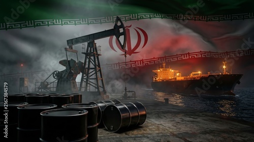 A symbolic representation of Iran's oil industry featuring oil barrels, a pumpjack rig, and a ship.