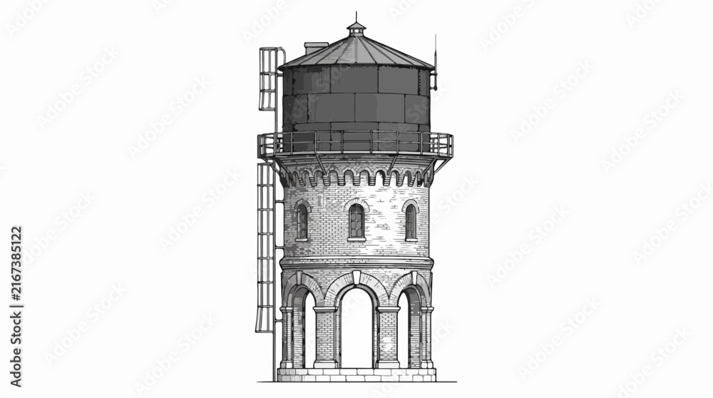 Obraz premium Vintage industrial water tower architectural line art isolated on white