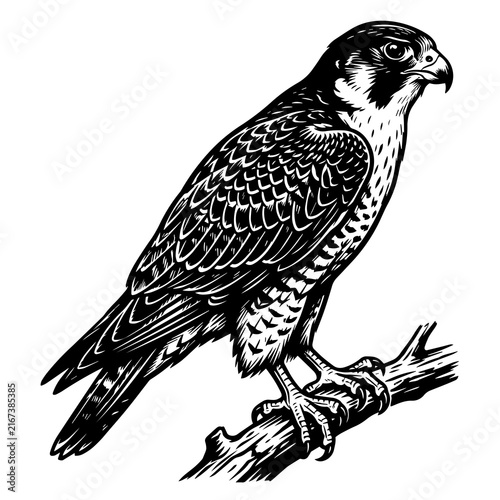 Black and white of a peregrine falcon perched on a tree branch, isolated on a white background, detailed bird of prey
