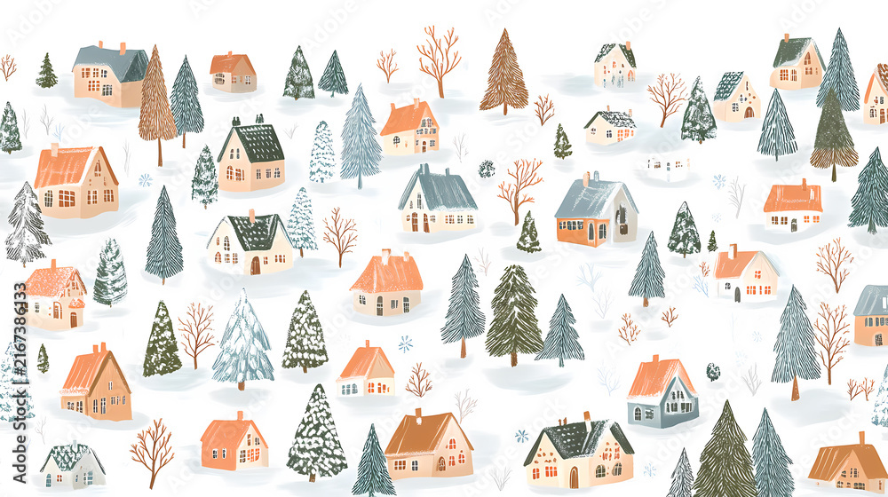 Fototapeta premium Winter Village Landscape Illustration
