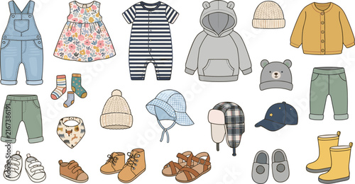 Cute Baby Clothing Collection Set with Overalls, Dresses, Hoodies, Hats, Shoes and Kids Fashion Accessories Vector Illustration