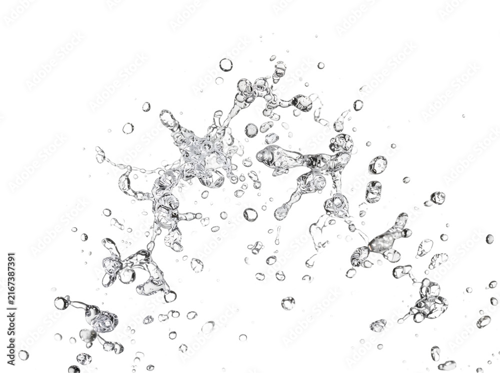 Fototapeta premium Clear Water Droplets Suspended in Air, Fresh Clean Liquid Texture and Dynamic Motion Concept Isolated on White Background