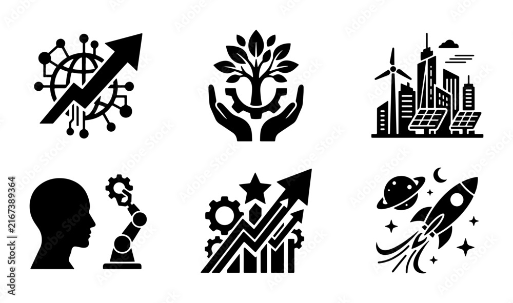 Fototapeta premium Modern Technology and Sustainability Icons: Growth, Innovation, Eco-Friendly City, Robotics, Future Concepts