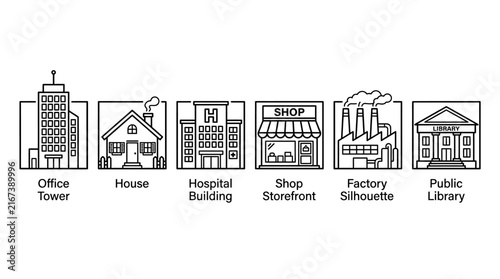 Building icons set featuring office tower residential house hospital building retail shop storefront industrial factory silhouette and classic public library architecture rendered in clean