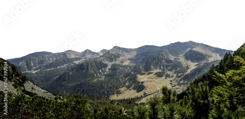 A wide panoramic view of the rocky mountain ridges, alpine meadows, and dwarf pine vegetation of the Retezat Mountains in Romania, isolated on a transparent background.