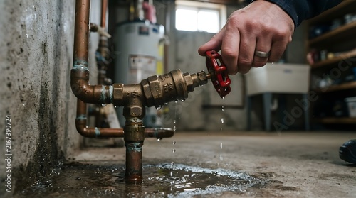 Plumber Turning Off Leaking Water Valve in Basement