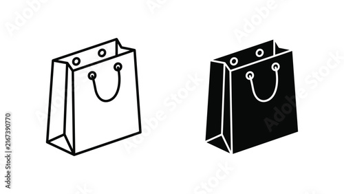 Minimalist black and white shopping bag icons with outline and filled silhouette design, modern retail and commerce symbol illustration for ecommerce, marketing, promotion, and store graphics