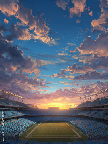 American football stadium at sunset with dramatic clouds