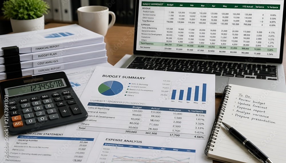 Obraz premium Financial Documents and Spreadsheet with Calculator on Office Desk for Budgeting, Accounting, Expense Calculation and Cost Management