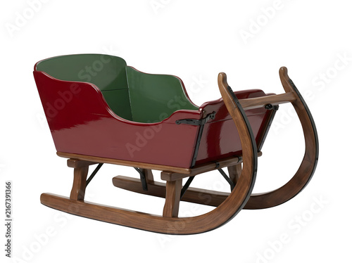 Vintage red wooden sleigh with green interior, antique horse-drawn sled illustration, traditional Christmas winter sleigh for holiday decor isolated on Transparent Background