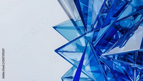 Abstract 3D Rendering of Intricate Blue Geometric Glass Shapes with Transparent Reflective Surfaces and Modern Crystal Forms