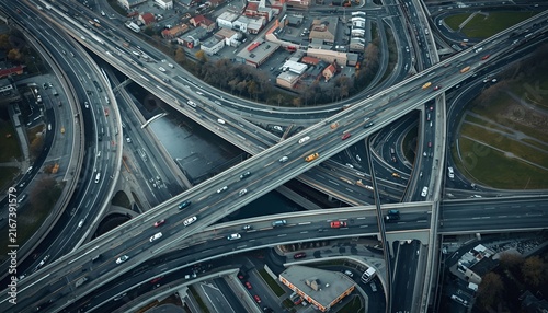 Aerial View of Highway Interchange with Traffic Flow in Reykjavik Iceland, Urban Road Network and Transportation Infrastructure