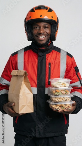 Smiling African American Food Delivery Man with Helmet and Takeaway Orders