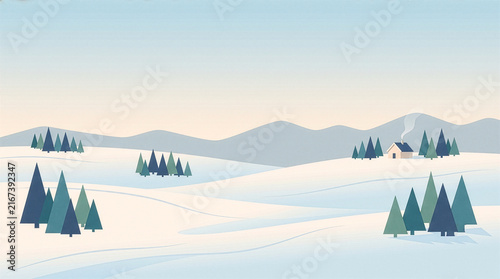 Winter landscape illustration with small house and snowy mountains at dusk