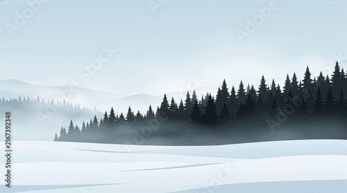 Minimalist winter landscape with snowy field and foggy pine forest