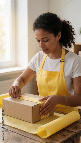 Young Woman Carefully Packaging Parcel with Yellow Wrapping Paper for Shipping or Gift