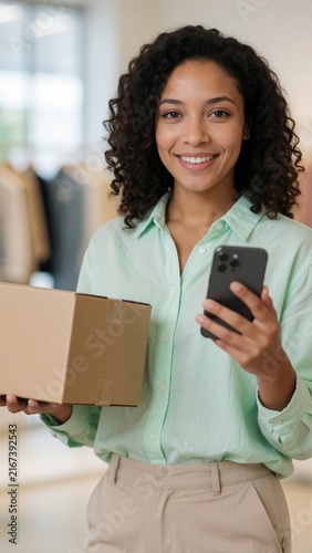 Smiling Young Woman Holds Package and Smartphone for Online Order or Delivery