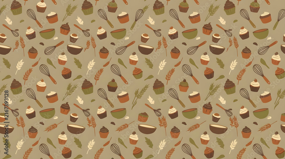 Baking theme seamless pattern with muffins and whisks