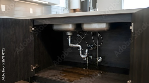 Leaking Sink Pipe Causing Water Damage Inside Kitchen Cabinet