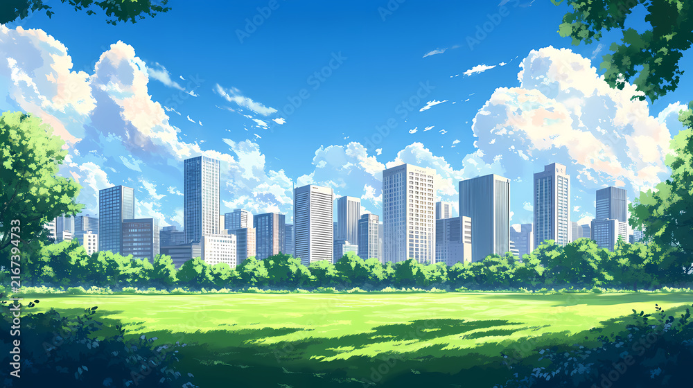 Fototapeta premium Cityscape Park Sunrise View Illustration