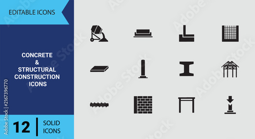 Concrete Structural Engineering Solid Icon Set Foundation Cement Mixing Steel Framework Symbols