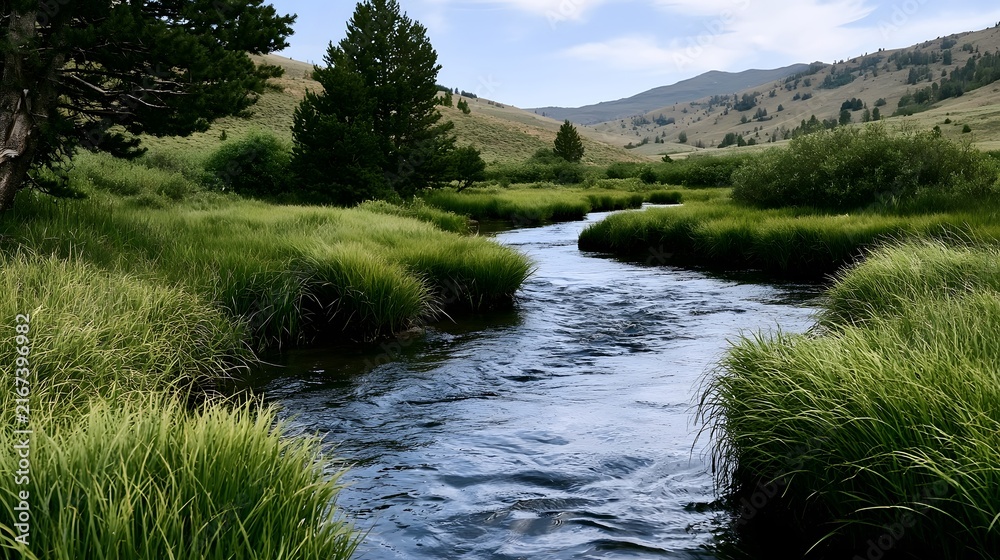 Obraz premium A serene stream winds through lush green grasslands with rolling hills and scattered trees under a partly cloudy sky