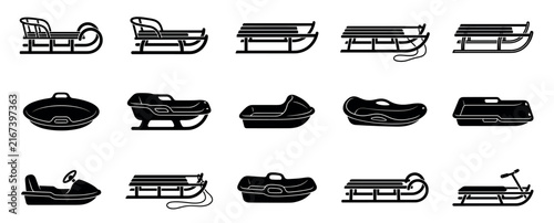 Set of fifteen black winter sled icons showing diverse designs, including traditional wooden toboggans, modern plastic saucers, and steerable sledges for winter sports