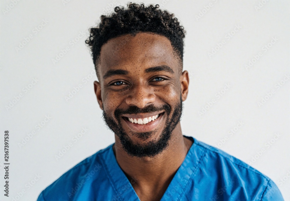 Fototapeta premium Smiling African American Male Doctor in Blue Scrubs Portrait