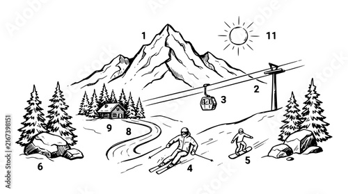 Vintage Hand Drawn Snow Mountain Ski Lift and Winter Vacation Vector Sketch
