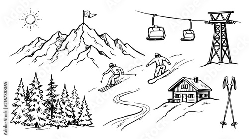 Vintage Winter Sports Mountain Ski Lift Hand Drawn Crayon Sketch Vector Set