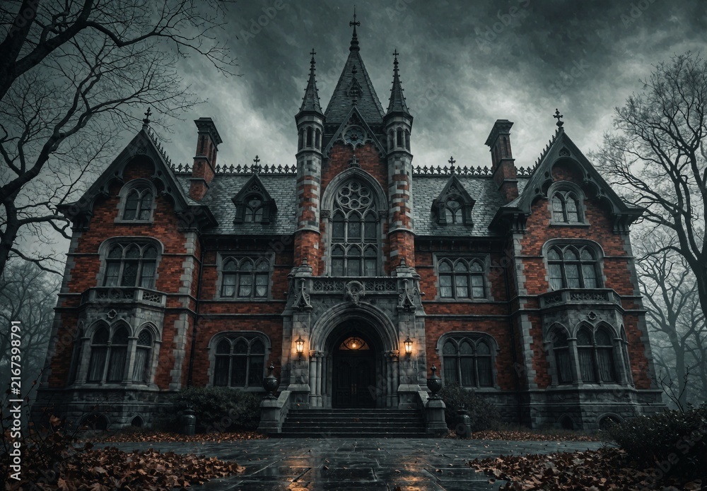 Obraz premium Spooky Haunted Mansion at Night with Foggy Atmosphere