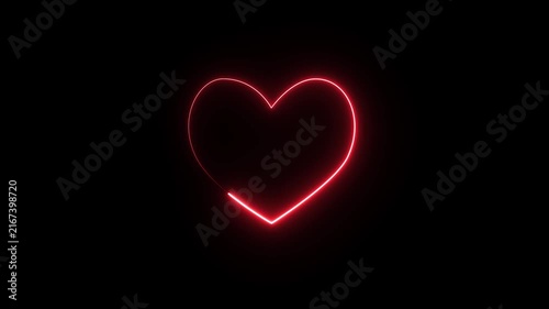 Abstract red neon heart light outline glowing in dark background loop motion graphic animation symbol of romance love valentines day digital glowing shape.